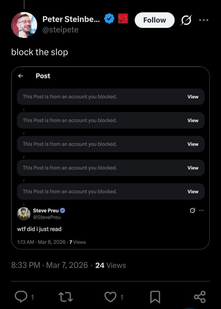 Peter's 'block the slop' post showing a wall of blocked replies — 24 views, 1 heart
